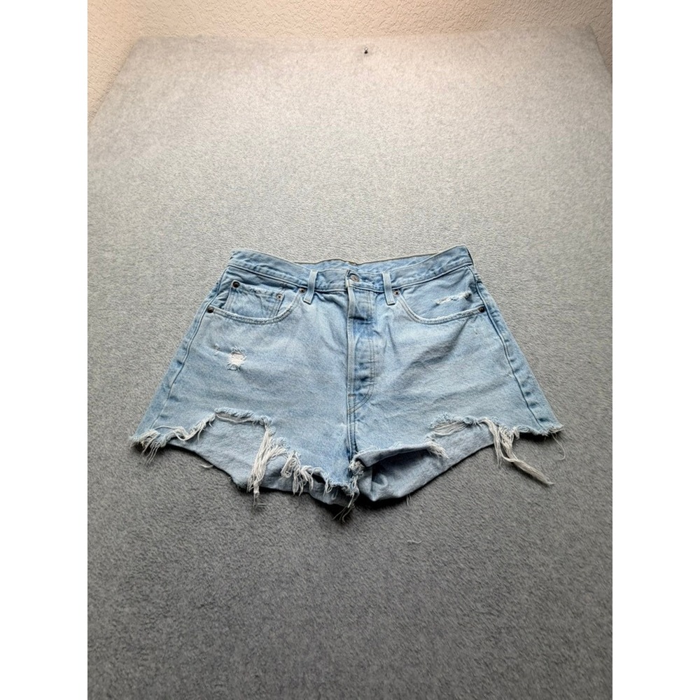 Levis 501 Original Distressed Denim Shorts Light Wash Blue Cut Offs 33